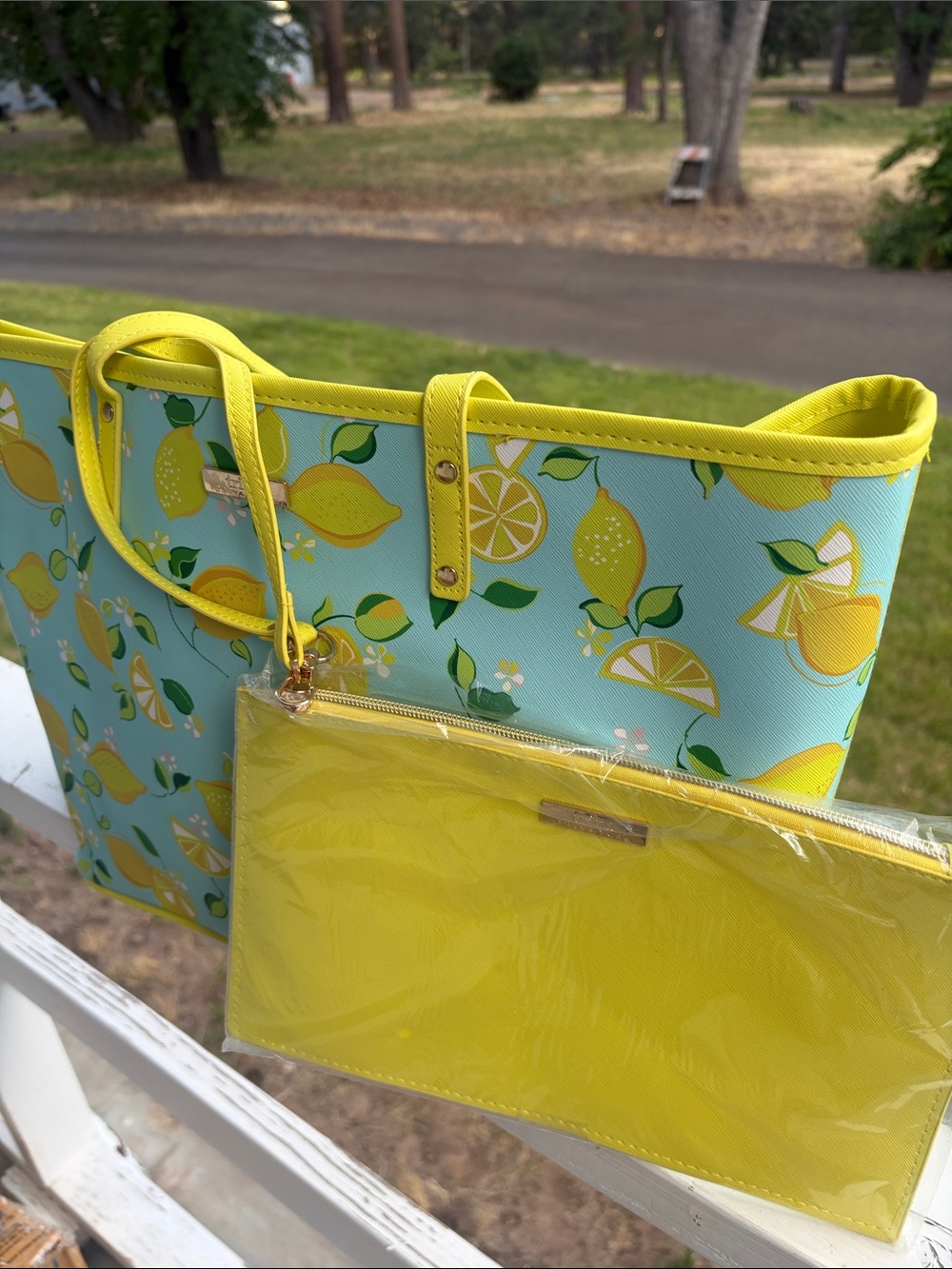 Trina Turk Yellow Lemon Print Tote with Yellow Pouch